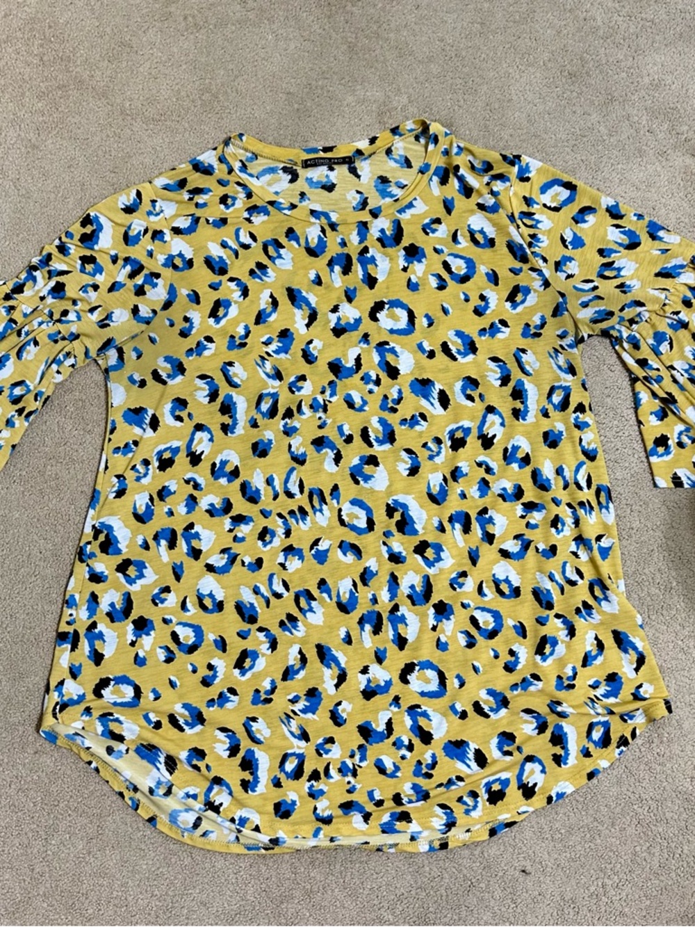 Acting Pro Mustard Leopard Print Long Sleeve Top with Blue Accents